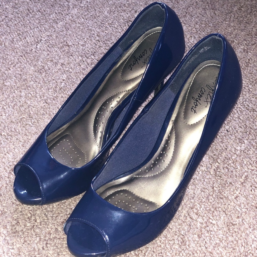 open toe navy blue heels
